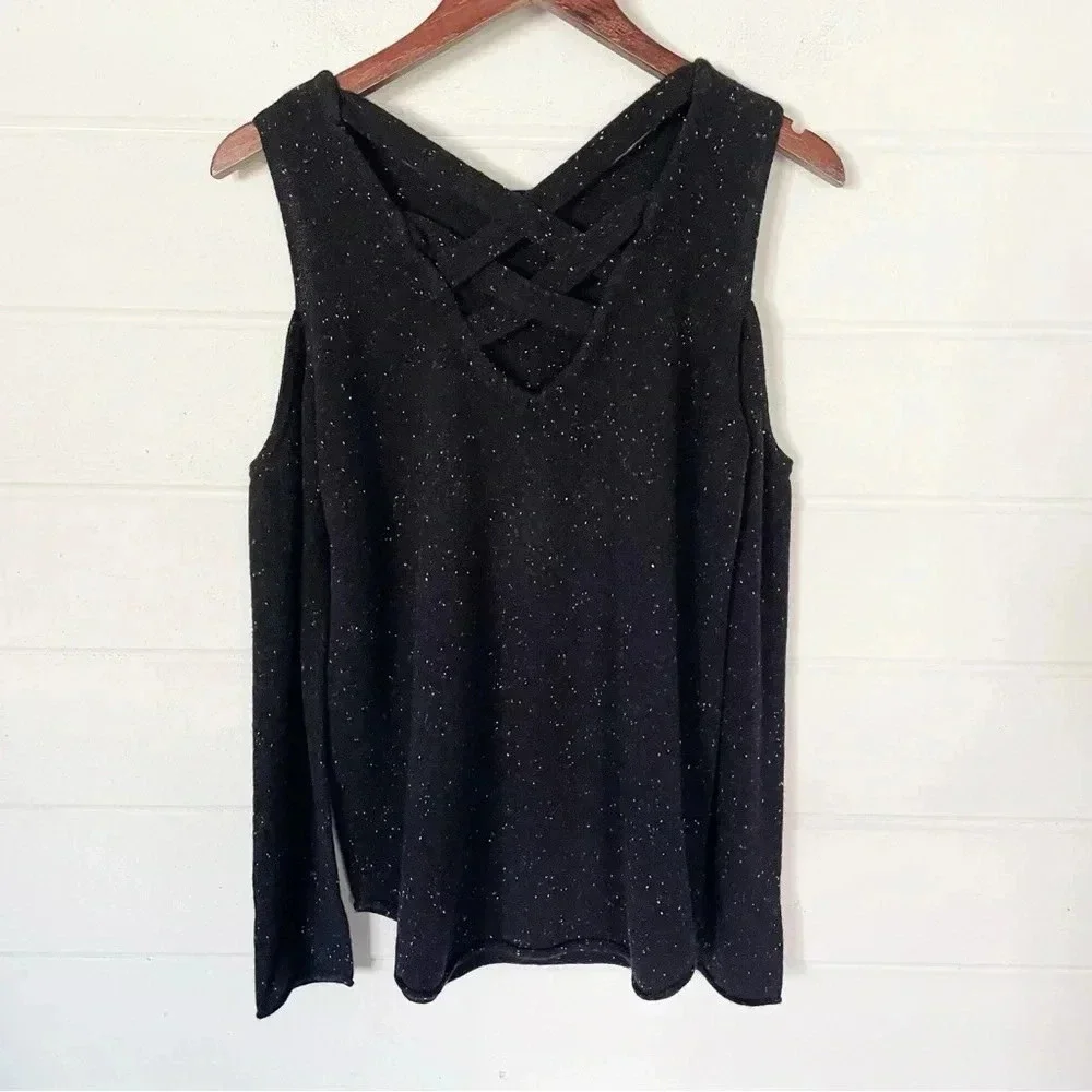 Generation Love Black Speckled Open Shoulders Lattice Back Cashmere Sweater M - Picture 8 of 11